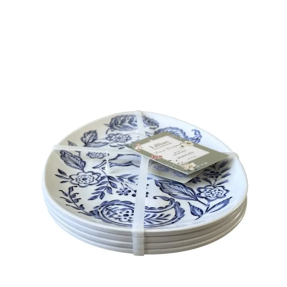 4pc Lillian August Egg Shaped Easter Bunny Melamine Plates 8x6 Blue White New